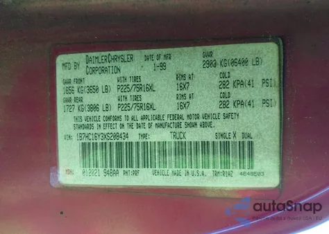 1999 Dodge Ram 1500 St z USA, uszkodzony, nr VIN 1B7HC16Y3XS208434